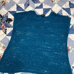 Turquoise colored no sleeve knitted sweater top Sleveless Eyelet Knit
